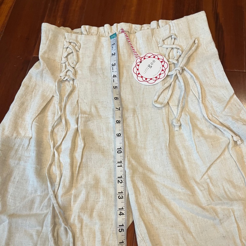 Umgee Linen Pants Wide Leg Paperbag Tie Lace Up Elastic Beige Oatmeal New Large - Picture 10 of 10